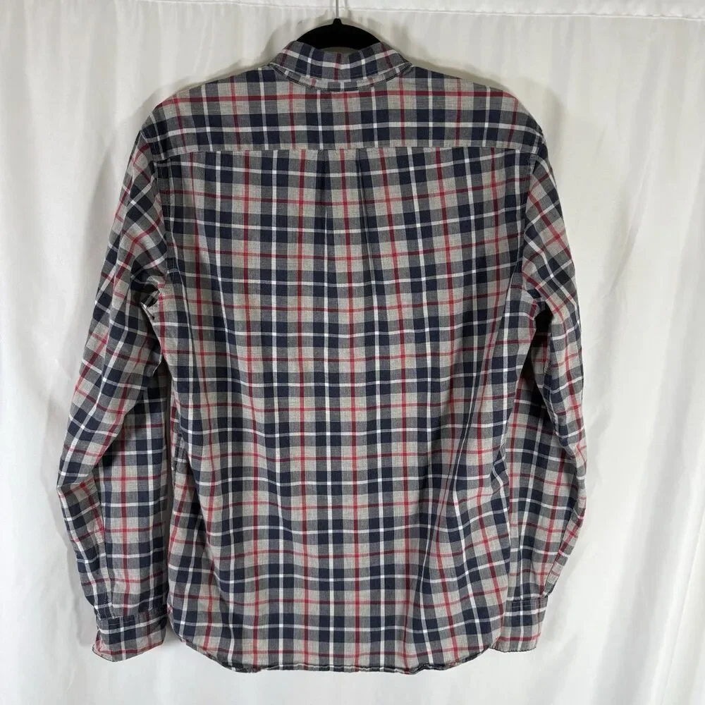 J Crew Button Up Shirt Men's Medium Blue Red Plaid Slim Fit Pocket Long Sleeve
